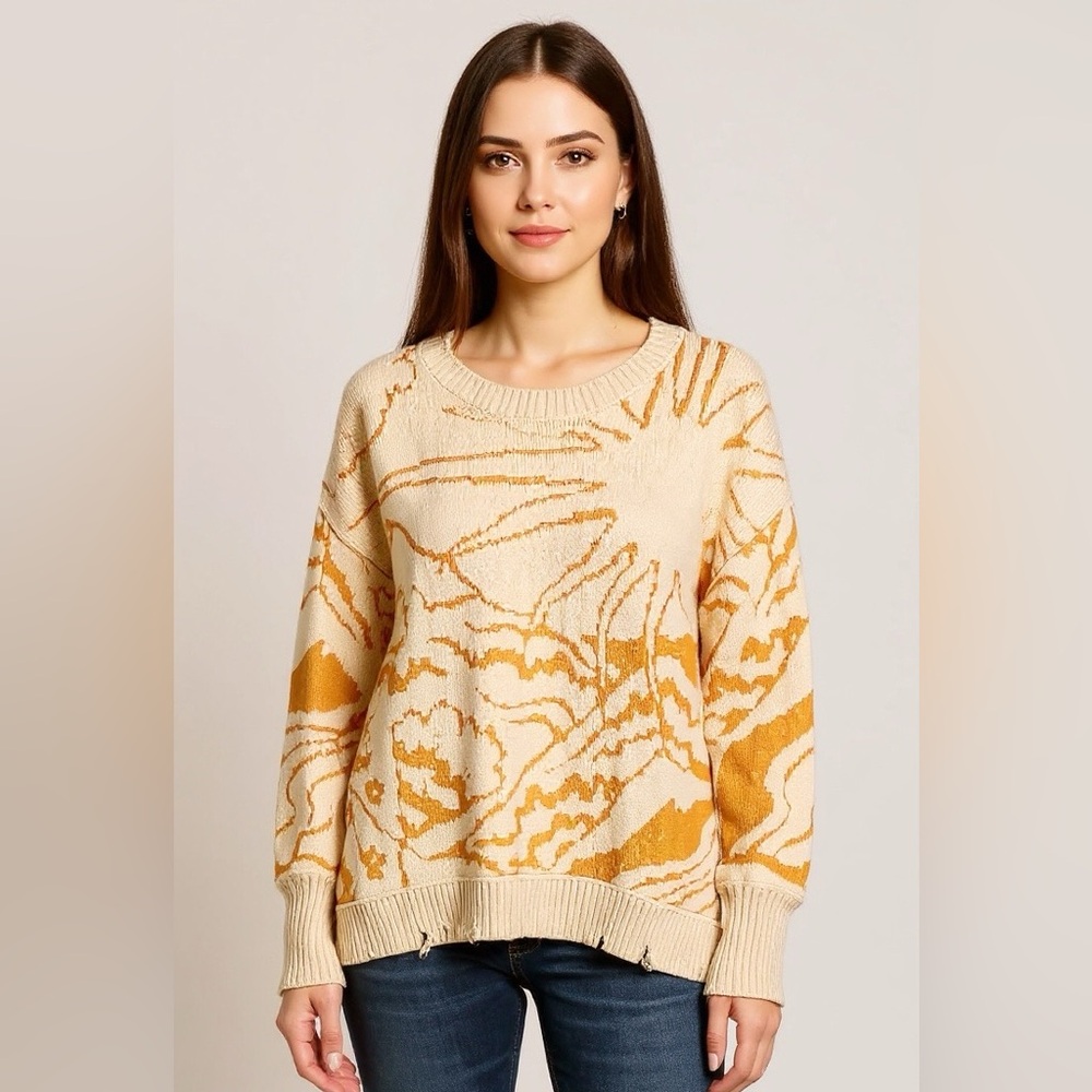 Urban Outfitters Sunshine Landscape Yellow Distressed Sweater Oversized Small - Picture 1 of 11